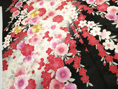 平和屋着物●豪華振袖　駒刺繍　枝垂れ花文　暈し染め　黒地　金彩　正絹　逸品　AABG7960cs