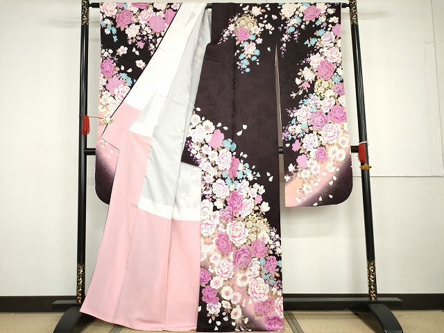 平和屋着物●豪華振袖　刺繍　枝花文　暈し染め　ラインストーン　金銀彩　金糸　正絹　逸品　AABG7958cs