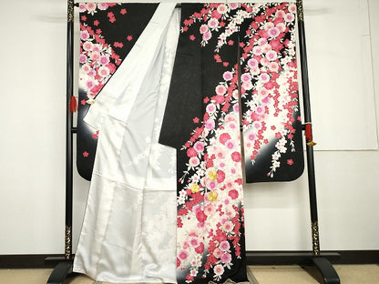 平和屋着物●豪華振袖　駒刺繍　枝垂れ花文　暈し染め　黒地　金彩　正絹　逸品　AABG7959cs