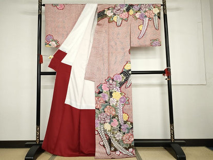 平和屋着物●訪問着　駒刺繍　草花文　金彩　正絹　逸品　AABG7949cs