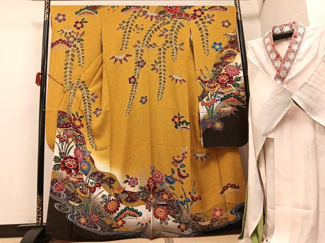 平和屋着物●豪華振袖・長襦袢(無双仕立て)セット　紅型　流水風景草花文　半衿刺繍　正絹　逸品　AABG8525ph