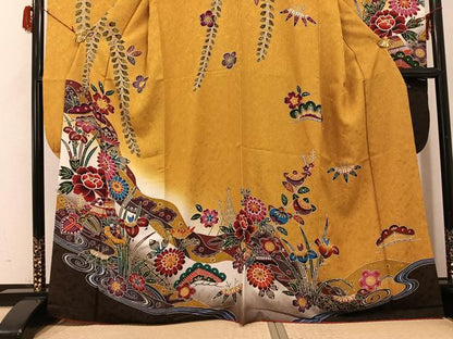 平和屋着物●豪華振袖・長襦袢(無双仕立て)セット　紅型　流水風景草花文　半衿刺繍　正絹　逸品　AABG8525ph