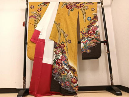 平和屋着物●豪華振袖・長襦袢(無双仕立て)セット　紅型　流水風景草花文　半衿刺繍　正絹　逸品　AABG8525ph