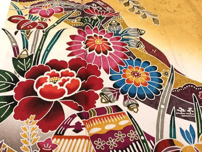 平和屋着物●豪華振袖・長襦袢(無双仕立て)セット　紅型　流水風景草花文　半衿刺繍　正絹　逸品　AABG8525ph