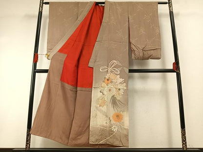 平和屋着物●アンティーク　大正ロマン　訪問着　駒刺繍　束ね紐草花文　暈し染め　正絹　逸品　AABG4641fy