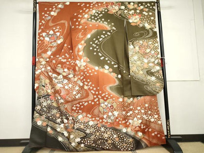 平和屋着物●豪華振袖　駒刺繍　流水吉祥花文　暈し染め　金銀彩　正絹　逸品　AABG7985cs