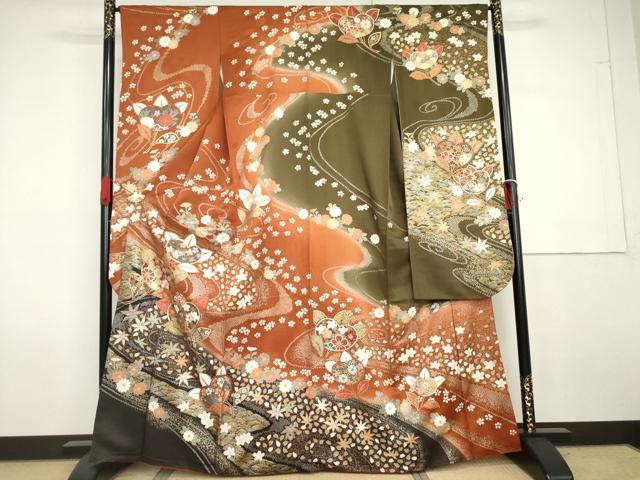 平和屋着物●豪華振袖　駒刺繍　流水吉祥花文　暈し染め　金銀彩　正絹　逸品　AABG7985cs