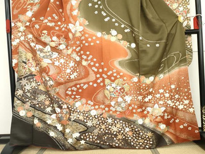 平和屋着物●豪華振袖　駒刺繍　流水吉祥花文　暈し染め　金銀彩　正絹　逸品　AABG7985cs