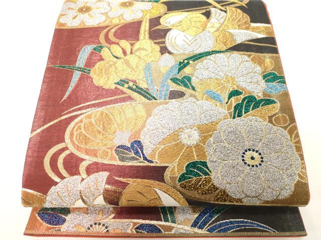 平和屋着物▼六通柄袋帯　エ霞花鳥文　金銀糸　正絹　逸品　CABE0840vf