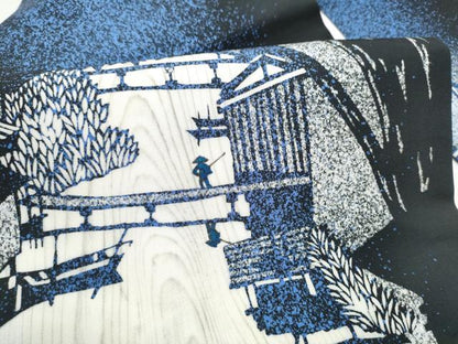 平和屋着物●塩瀬　九寸名古屋帯　作家物　風景シルエット　黒地　正絹　逸品　CABE0373hy
