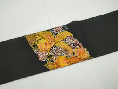 平和屋着物●塩瀬　九寸名古屋帯　更紗花鳥文　黒地　金彩　正絹　逸品　CABE0364hy