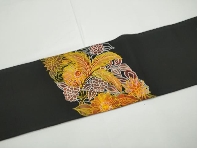 平和屋着物●塩瀬　九寸名古屋帯　更紗花鳥文　黒地　金彩　正絹　逸品　CABE0364hy