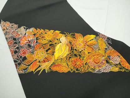 平和屋着物●塩瀬　九寸名古屋帯　更紗花鳥文　黒地　金彩　正絹　逸品　CABE0364hy