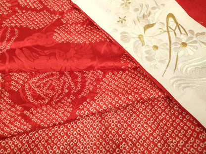 平和屋着物●振袖用長襦袢　袷　絞り　半襟刺繍　舞鶴花文　正絹　逸品　DABC3562az