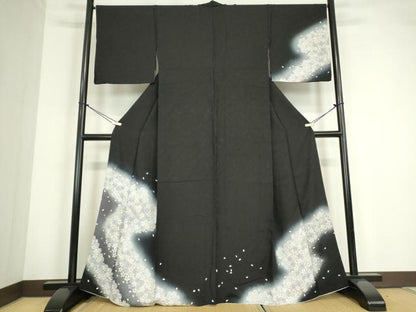 平和屋着物●訪問着　夜桜　暈し染め　黒地　金彩　正絹　逸品　DABC3549az