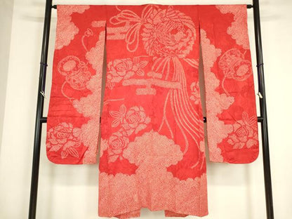 平和屋着物●振袖用長襦袢　袷　絞り　半襟刺繍　舞鶴花文　正絹　逸品　DABC3562az