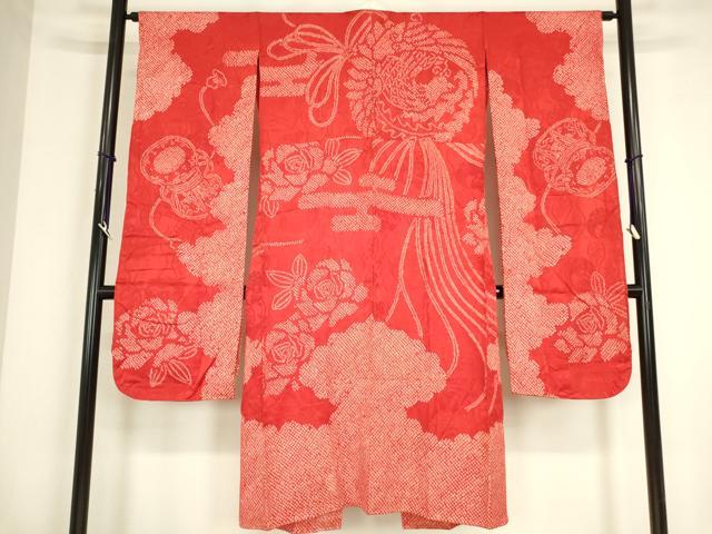 平和屋着物●振袖用長襦袢　袷　絞り　半襟刺繍　舞鶴花文　正絹　逸品　DABC3562az