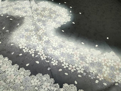 平和屋着物●訪問着　夜桜　暈し染め　黒地　金彩　正絹　逸品　DABC3549az