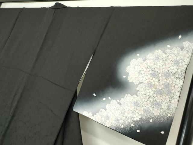 平和屋着物●訪問着　夜桜　暈し染め　黒地　金彩　正絹　逸品　DABC3549az