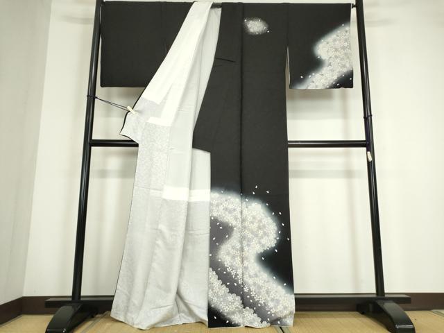 平和屋着物●訪問着　夜桜　暈し染め　黒地　金彩　正絹　逸品　DABC3549az