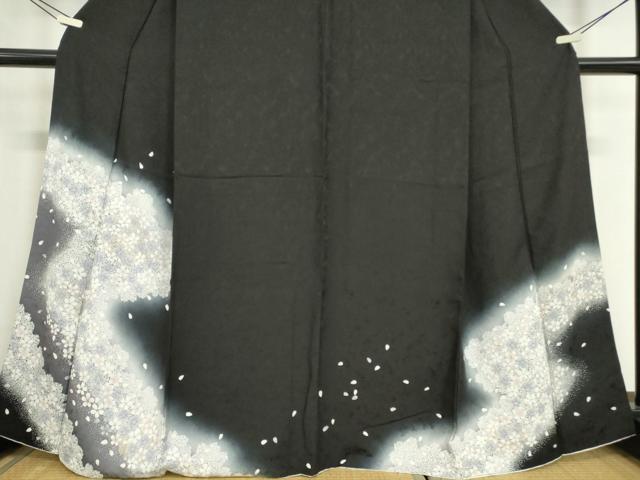 平和屋着物●訪問着　夜桜　暈し染め　黒地　金彩　正絹　逸品　DABC3549az