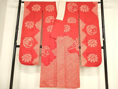 平和屋着物●振袖用長襦袢　袷　絞り　吉祥花丸文　正絹　逸品　DABC3563az