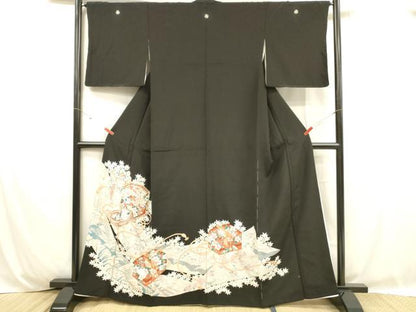平和屋着物■豪華黒留袖　駒刺繍　貝桶花鳥文　金彩　正絹　逸品　DABC8758cm