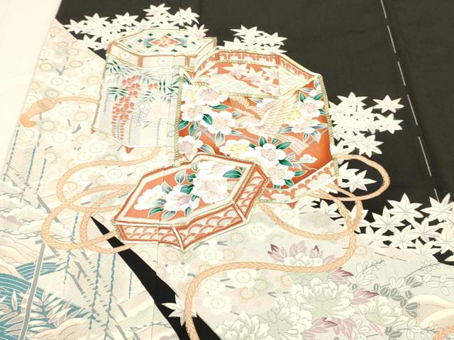 平和屋着物■豪華黒留袖　駒刺繍　貝桶花鳥文　金彩　正絹　逸品　DABC8758cm