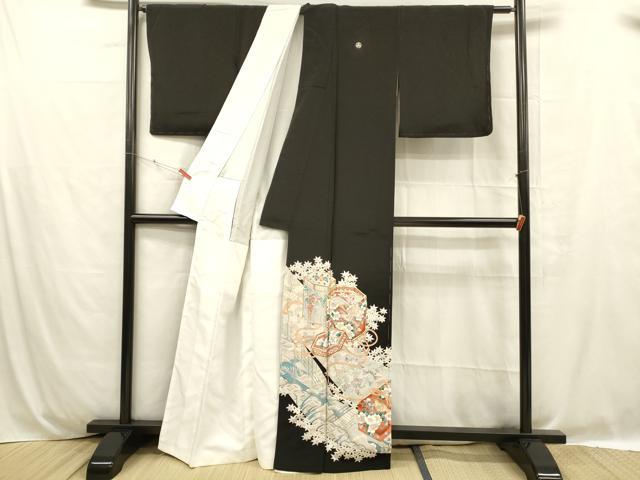 平和屋着物■豪華黒留袖　駒刺繍　貝桶花鳥文　金彩　正絹　逸品　DABC8758cm