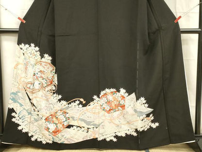 平和屋着物■豪華黒留袖　駒刺繍　貝桶花鳥文　金彩　正絹　逸品　DABC8758cm