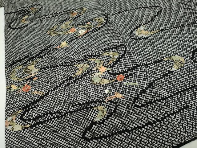 平和屋着物●訪問着　総絞り　駒刺繍　流水草花文　黒地　金彩　正絹　逸品　DABC2680ud
