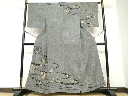 平和屋着物●訪問着　総絞り　駒刺繍　流水草花文　黒地　金彩　正絹　逸品　DABC2680ud