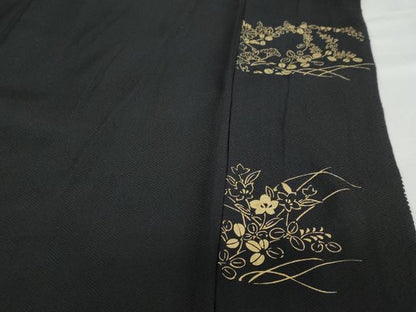 平和屋着物●訪問着　総絞り　駒刺繍　流水草花文　黒地　金彩　正絹　逸品　DABC2680ud