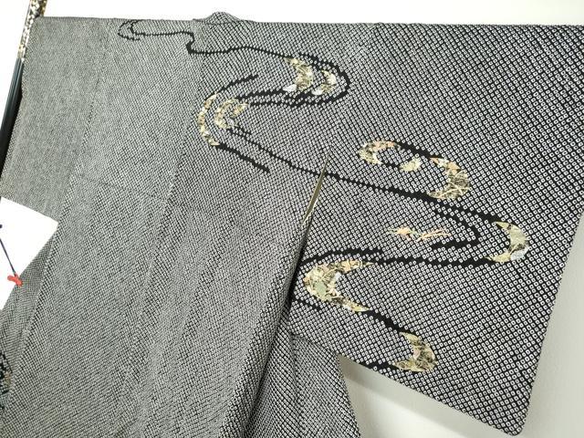 平和屋着物●訪問着　総絞り　駒刺繍　流水草花文　黒地　金彩　正絹　逸品　DABC2680ud