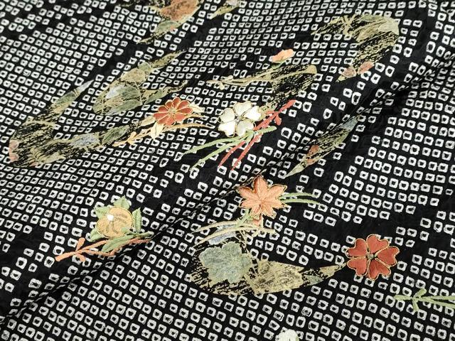 平和屋着物●訪問着　総絞り　駒刺繍　流水草花文　黒地　金彩　正絹　逸品　DABC2680ud