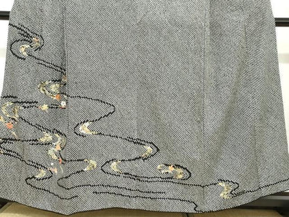 平和屋着物●訪問着　総絞り　駒刺繍　流水草花文　黒地　金彩　正絹　逸品　DABC2680ud