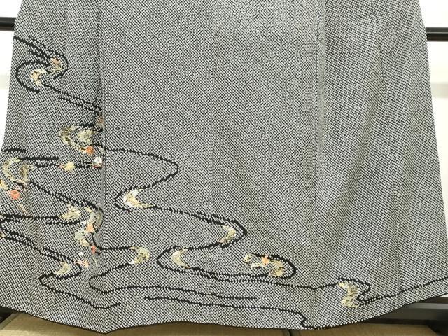 平和屋着物●訪問着　総絞り　駒刺繍　流水草花文　黒地　金彩　正絹　逸品　DABC2680ud