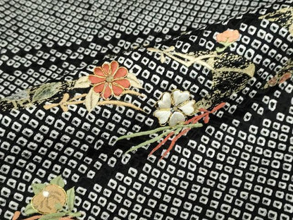 平和屋着物●訪問着　総絞り　駒刺繍　流水草花文　黒地　金彩　正絹　逸品　DABC2680ud
