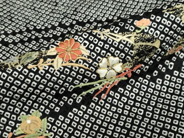 平和屋着物●訪問着　総絞り　駒刺繍　流水草花文　黒地　金彩　正絹　逸品　DABC2680ud