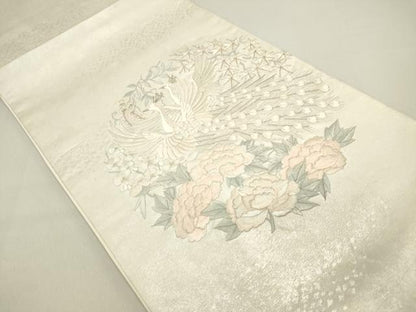 平和屋着物◎太鼓柄袋帯 総刺繍 孔雀花丸文 牡丹 銀糸 正絹 逸品 DABB6612ea