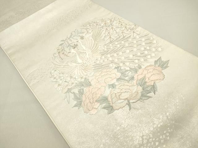 平和屋着物◎太鼓柄袋帯 総刺繍 孔雀花丸文 牡丹 銀糸 正絹 逸品 DABB6612ea