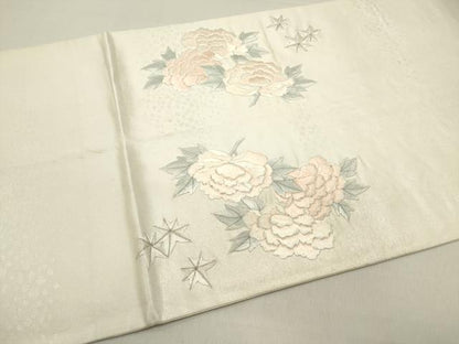 平和屋着物◎太鼓柄袋帯 総刺繍 孔雀花丸文 牡丹 銀糸 正絹 逸品 DABB6612ea