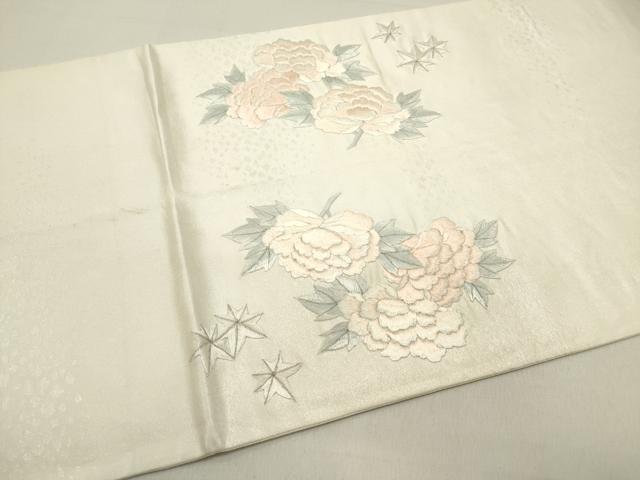 平和屋着物◎太鼓柄袋帯 総刺繍 孔雀花丸文 牡丹 銀糸 正絹 逸品 DABB6612ea
