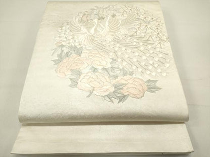 平和屋着物◎太鼓柄袋帯 総刺繍 孔雀花丸文 牡丹 銀糸 正絹 逸品 DABB6612ea