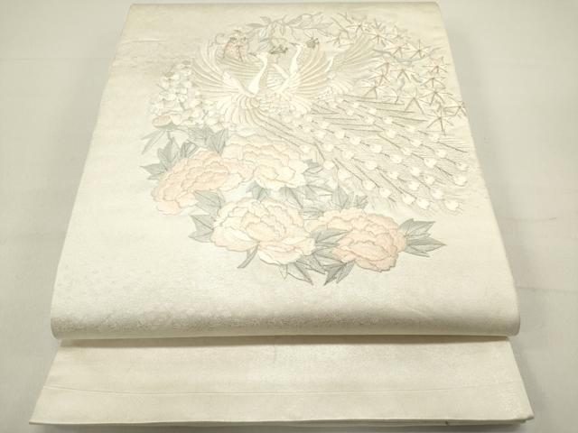 平和屋着物◎太鼓柄袋帯 総刺繍 孔雀花丸文 牡丹 銀糸 正絹 逸品 DABB6612ea