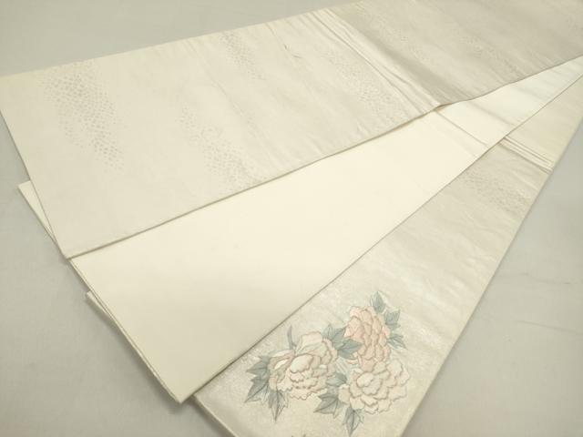 平和屋着物◎太鼓柄袋帯 総刺繍 孔雀花丸文 牡丹 銀糸 正絹 逸品 DABB6612ea