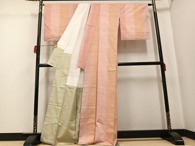 平和屋着物●紅花紬　米沢　間道　やまと誂製　正絹　逸品　AABG9047ph