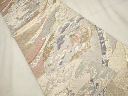 平和屋着物◎六通柄袋帯 扇面花文 吉祥萬代 金銀糸 正絹 逸品 AABG6330wj