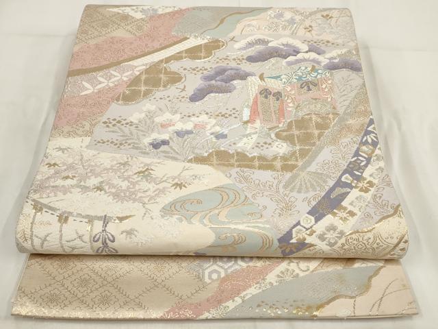 平和屋着物◎六通柄袋帯 扇面花文 吉祥萬代 金銀糸 正絹 逸品 AABG6330wj