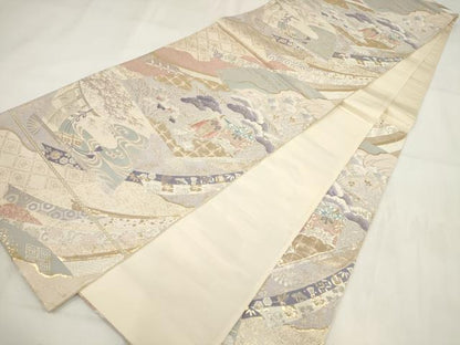 平和屋着物◎六通柄袋帯 扇面花文 吉祥萬代 金銀糸 正絹 逸品 AABG6330wj